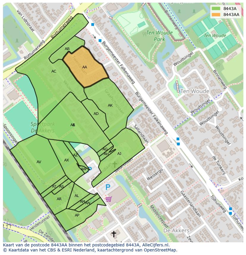 Afbeelding van het postcodegebied 8443 AA op de kaart.