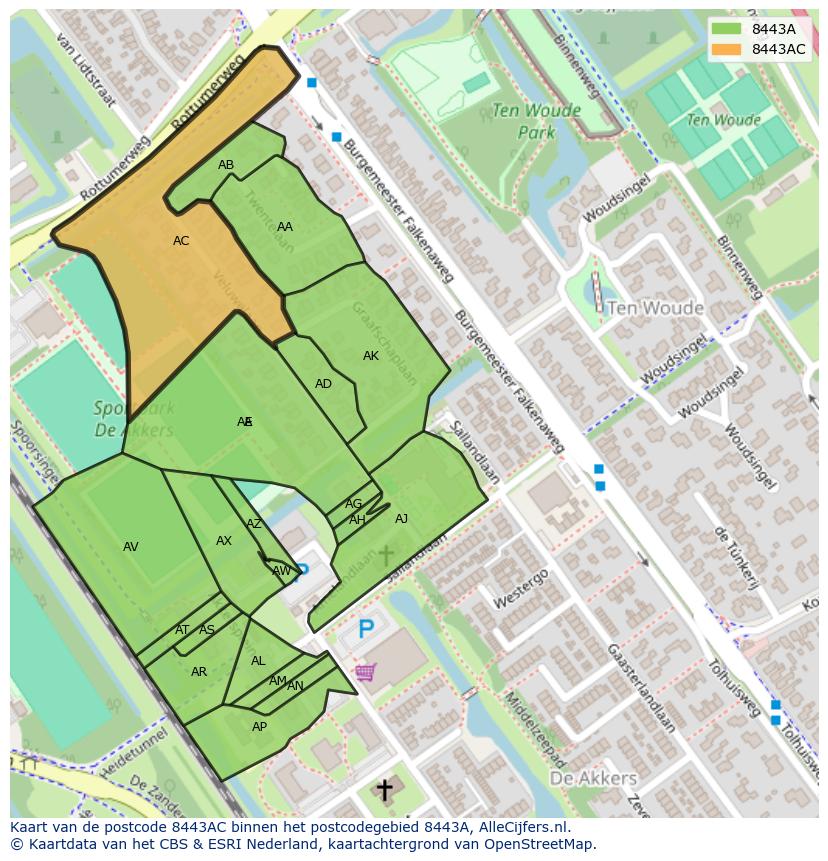 Afbeelding van het postcodegebied 8443 AC op de kaart.