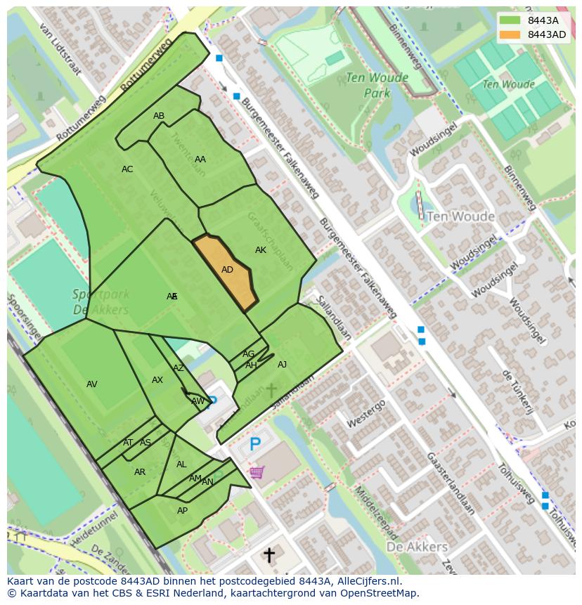 Afbeelding van het postcodegebied 8443 AD op de kaart.