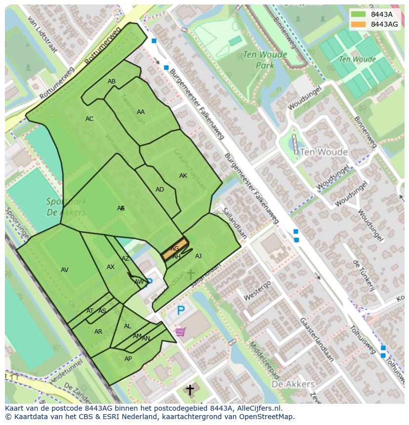 Afbeelding van het postcodegebied 8443 AG op de kaart.