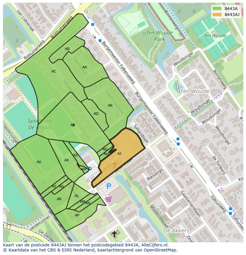 Afbeelding van het postcodegebied 8443 AJ op de kaart.