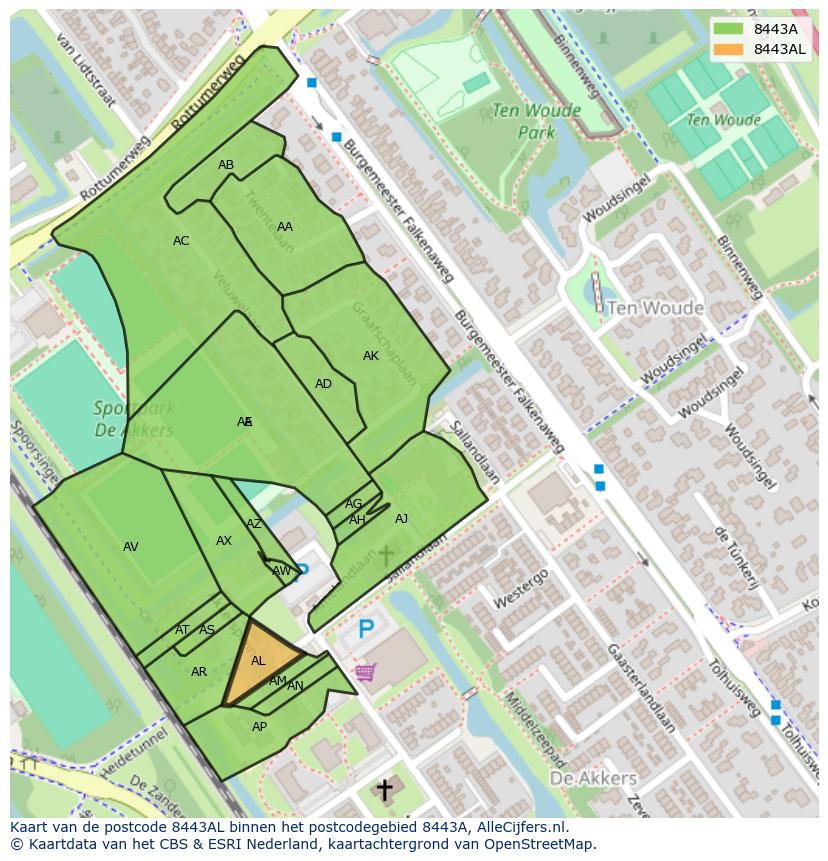Afbeelding van het postcodegebied 8443 AL op de kaart.