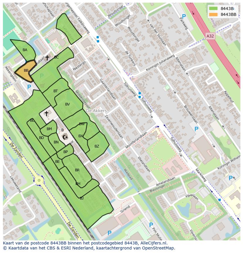 Afbeelding van het postcodegebied 8443 BB op de kaart.