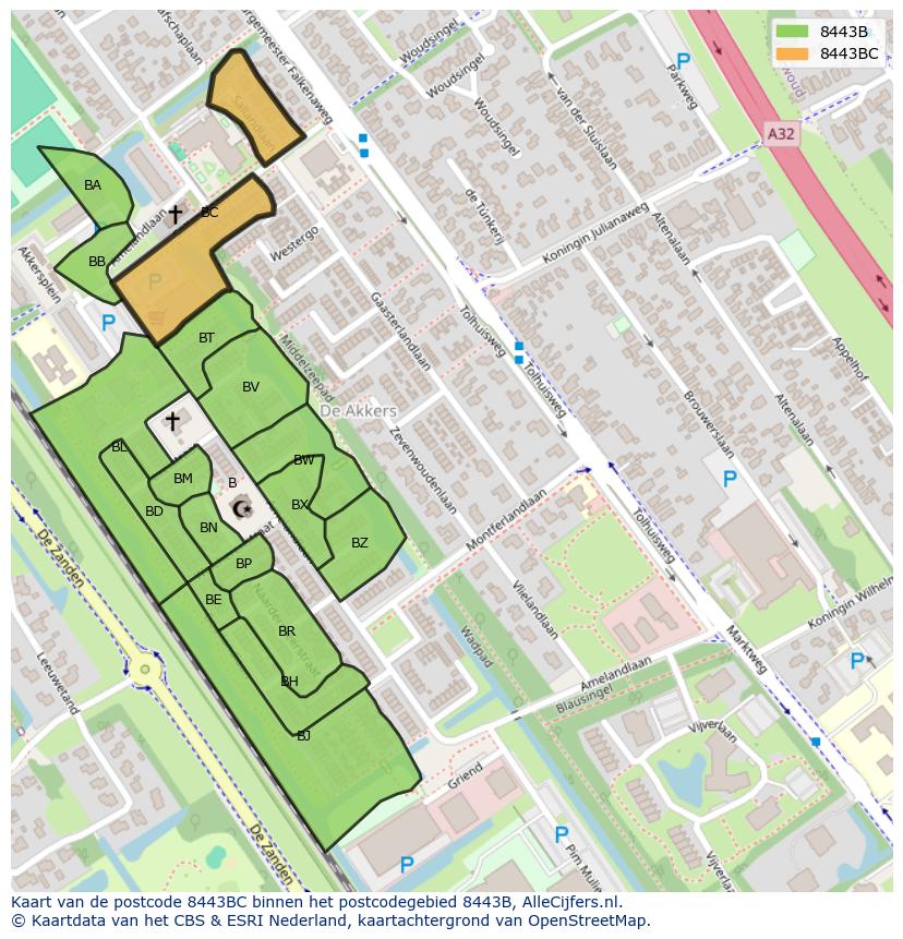 Afbeelding van het postcodegebied 8443 BC op de kaart.