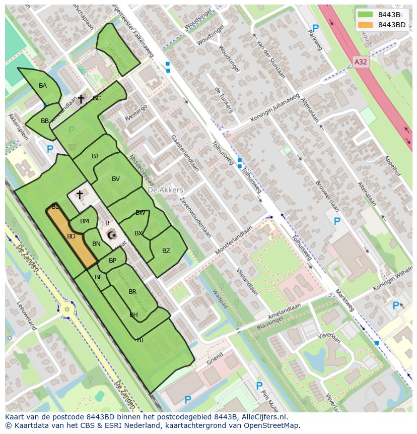 Afbeelding van het postcodegebied 8443 BD op de kaart.