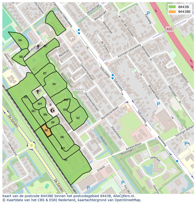 Afbeelding van het postcodegebied 8443 BE op de kaart.