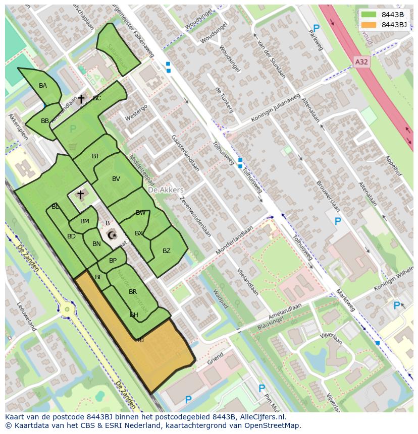 Afbeelding van het postcodegebied 8443 BJ op de kaart.