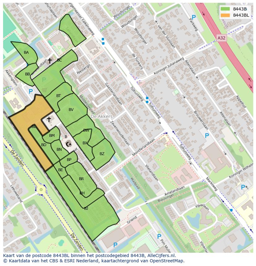 Afbeelding van het postcodegebied 8443 BL op de kaart.