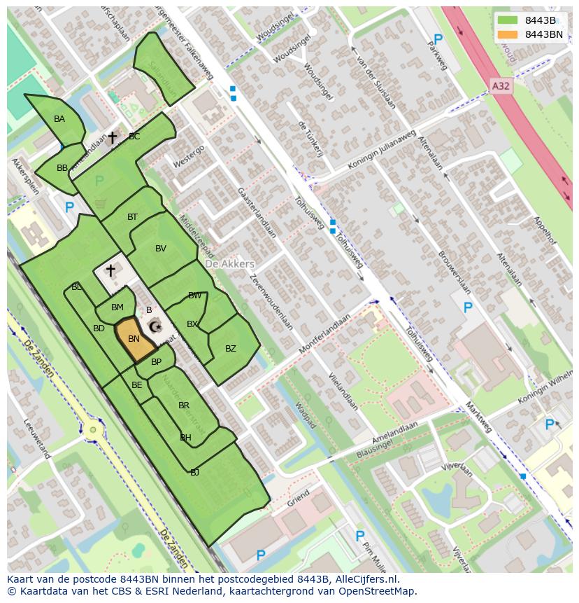 Afbeelding van het postcodegebied 8443 BN op de kaart.