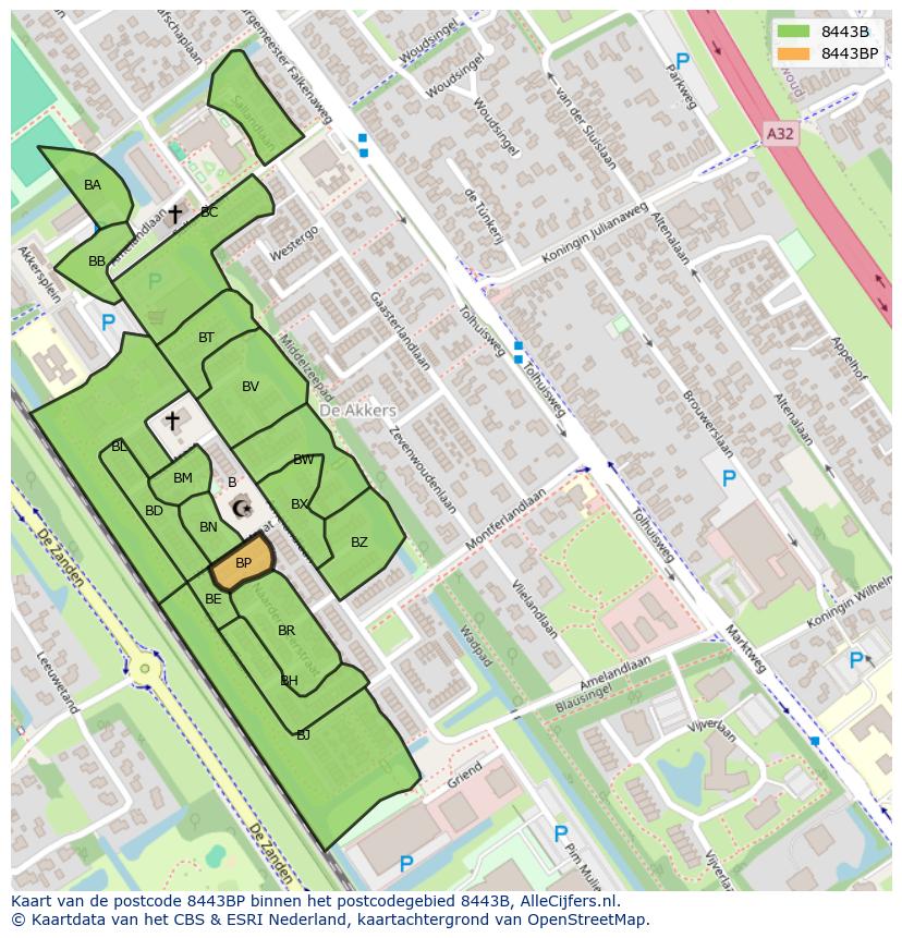 Afbeelding van het postcodegebied 8443 BP op de kaart.