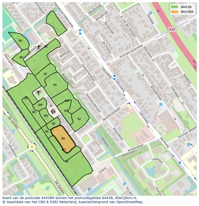 Afbeelding van het postcodegebied 8443 BR op de kaart.