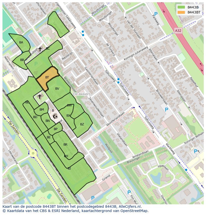 Afbeelding van het postcodegebied 8443 BT op de kaart.