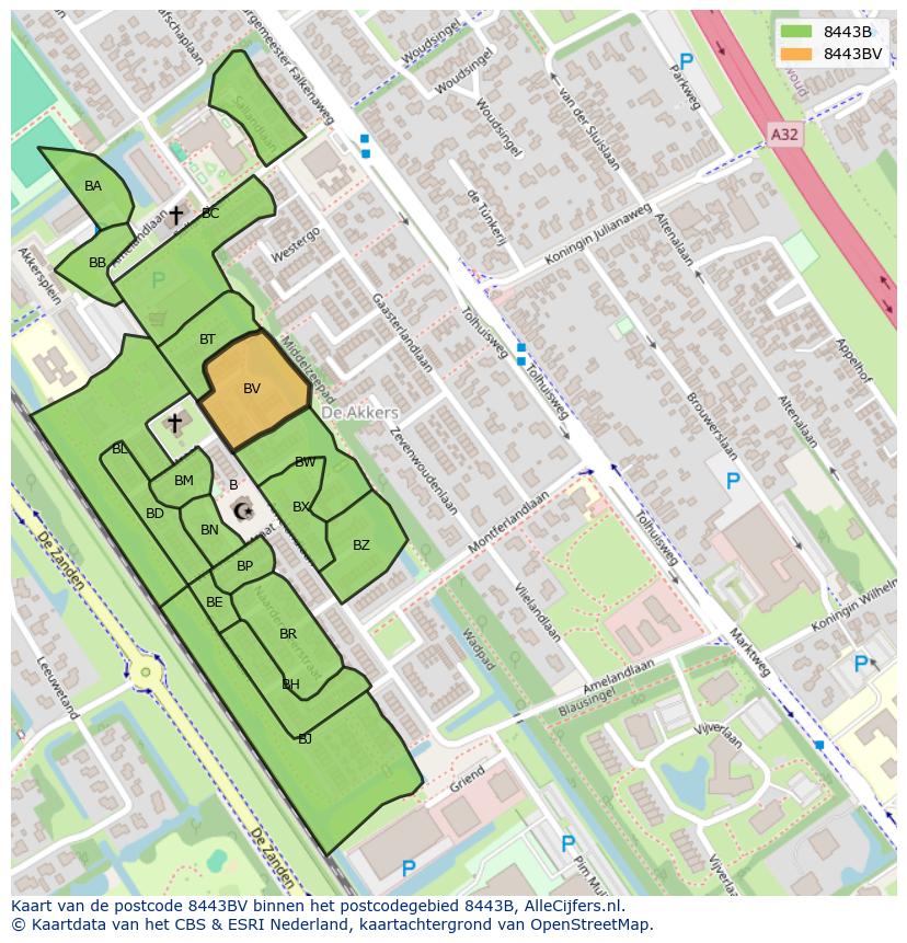 Afbeelding van het postcodegebied 8443 BV op de kaart.