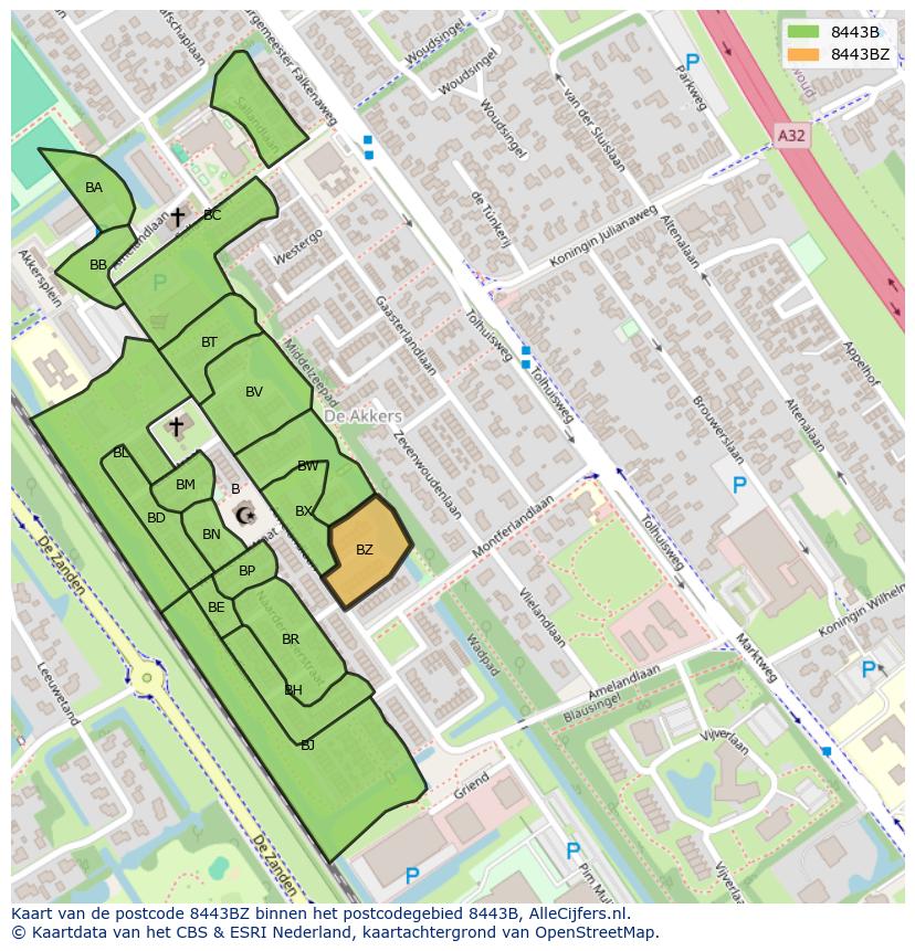 Afbeelding van het postcodegebied 8443 BZ op de kaart.