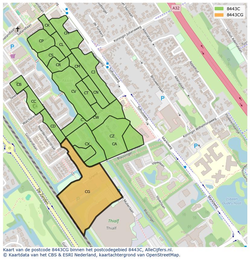 Afbeelding van het postcodegebied 8443 CG op de kaart.