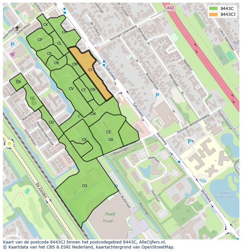 Afbeelding van het postcodegebied 8443 CJ op de kaart.