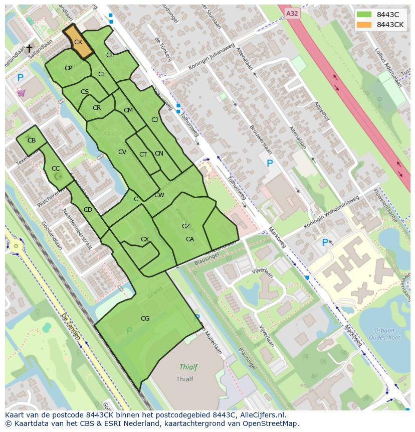 Afbeelding van het postcodegebied 8443 CK op de kaart.