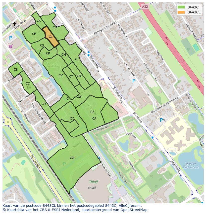Afbeelding van het postcodegebied 8443 CL op de kaart.