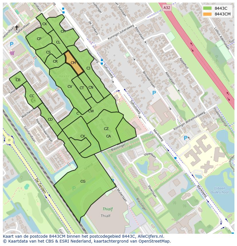 Afbeelding van het postcodegebied 8443 CM op de kaart.