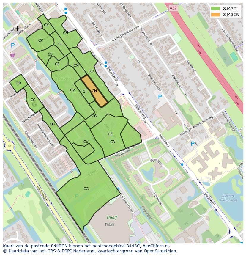 Afbeelding van het postcodegebied 8443 CN op de kaart.