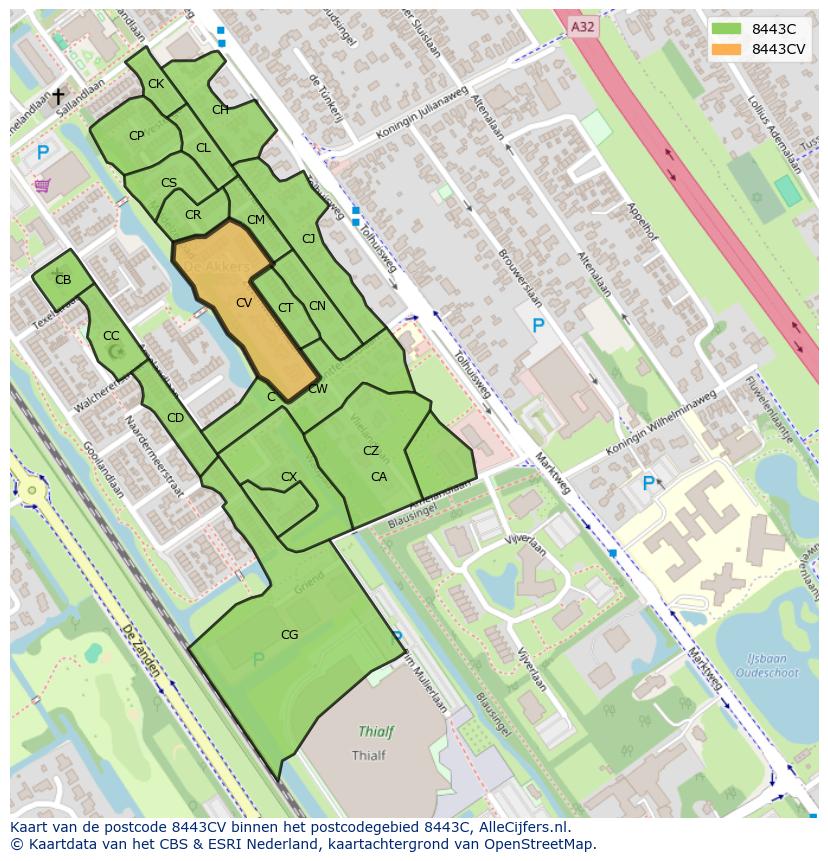 Afbeelding van het postcodegebied 8443 CV op de kaart.