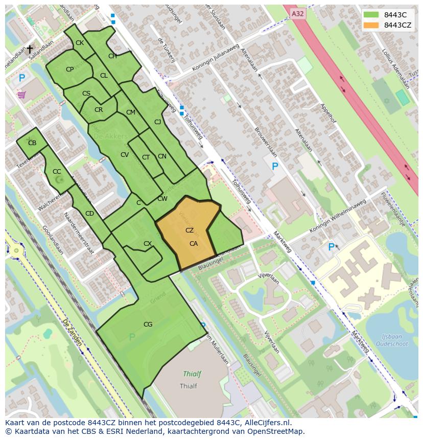Afbeelding van het postcodegebied 8443 CZ op de kaart.