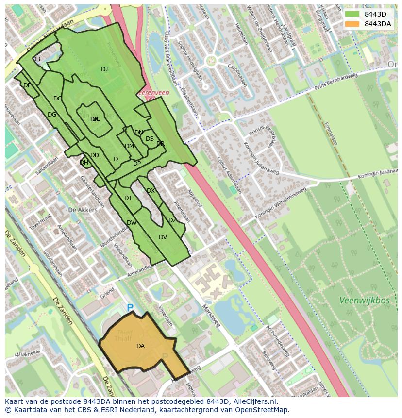 Afbeelding van het postcodegebied 8443 DA op de kaart.