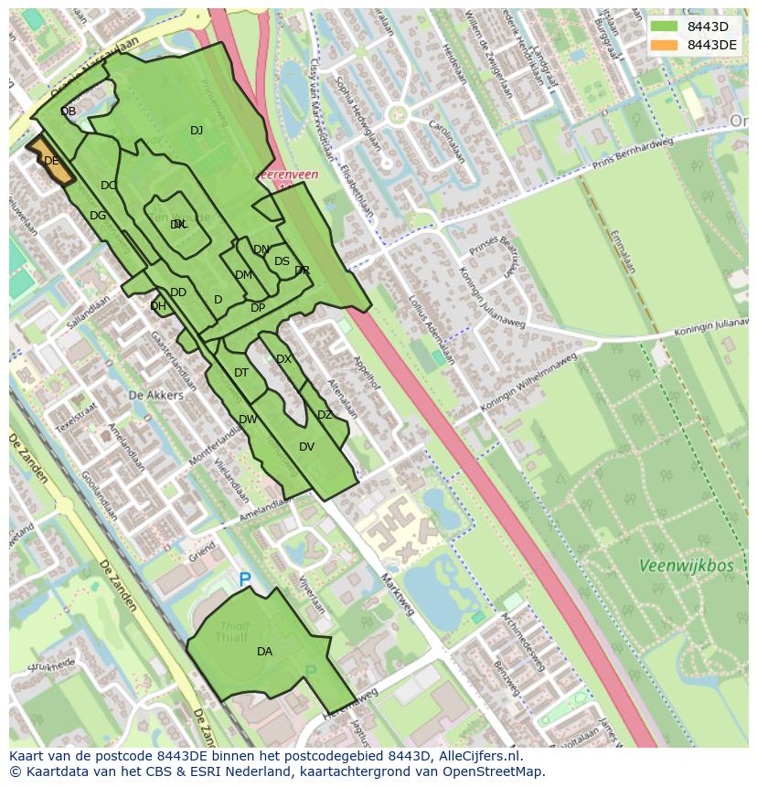 Afbeelding van het postcodegebied 8443 DE op de kaart.