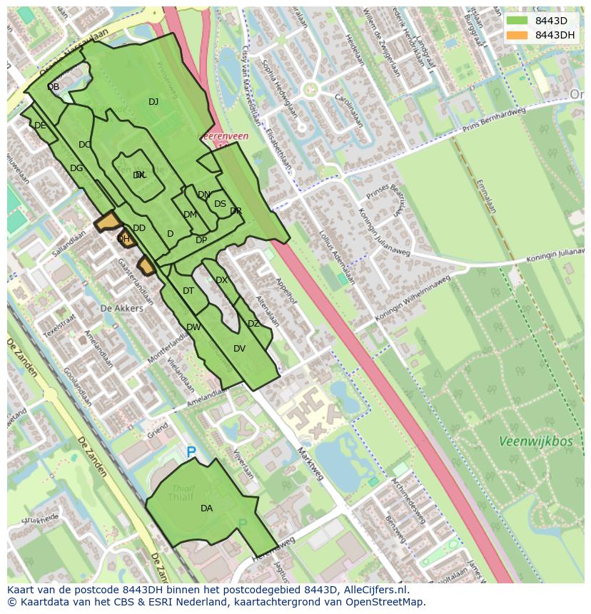 Afbeelding van het postcodegebied 8443 DH op de kaart.