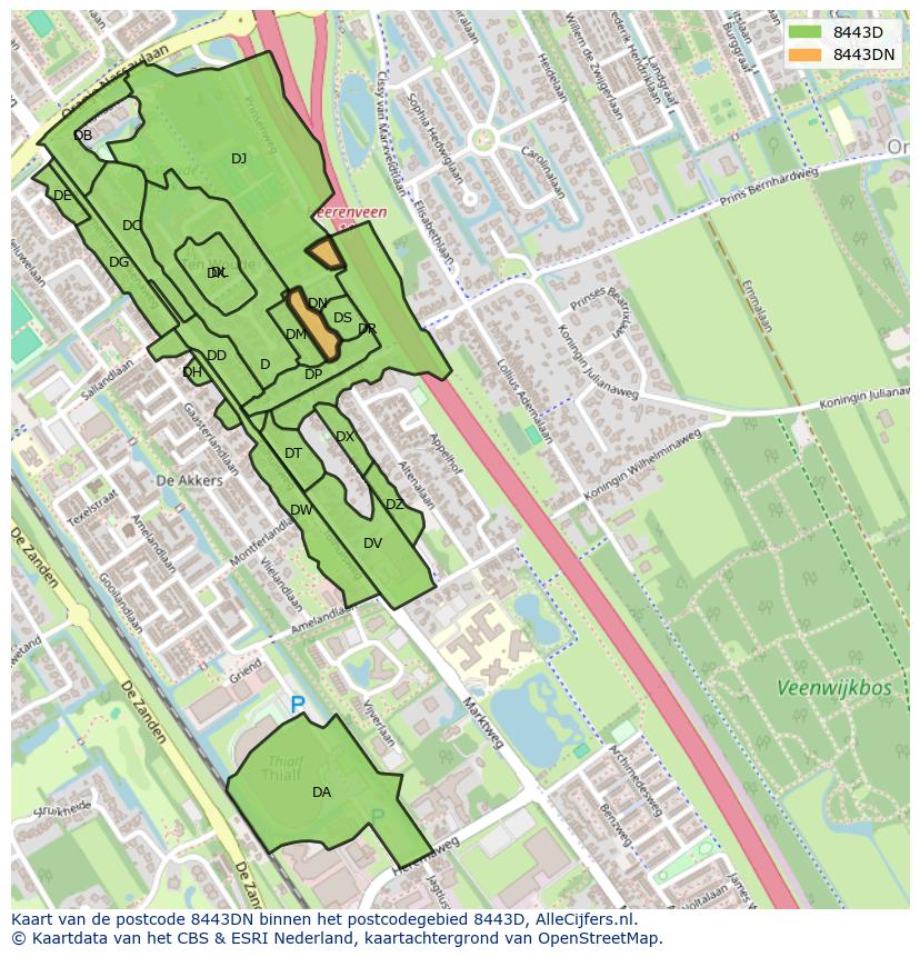 Afbeelding van het postcodegebied 8443 DN op de kaart.