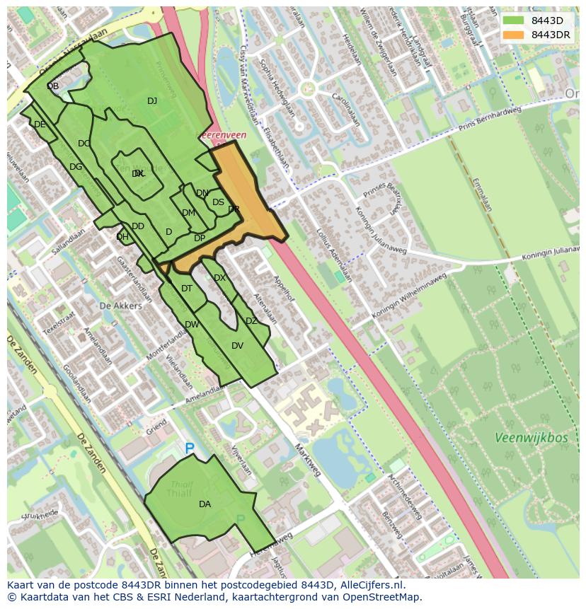Afbeelding van het postcodegebied 8443 DR op de kaart.