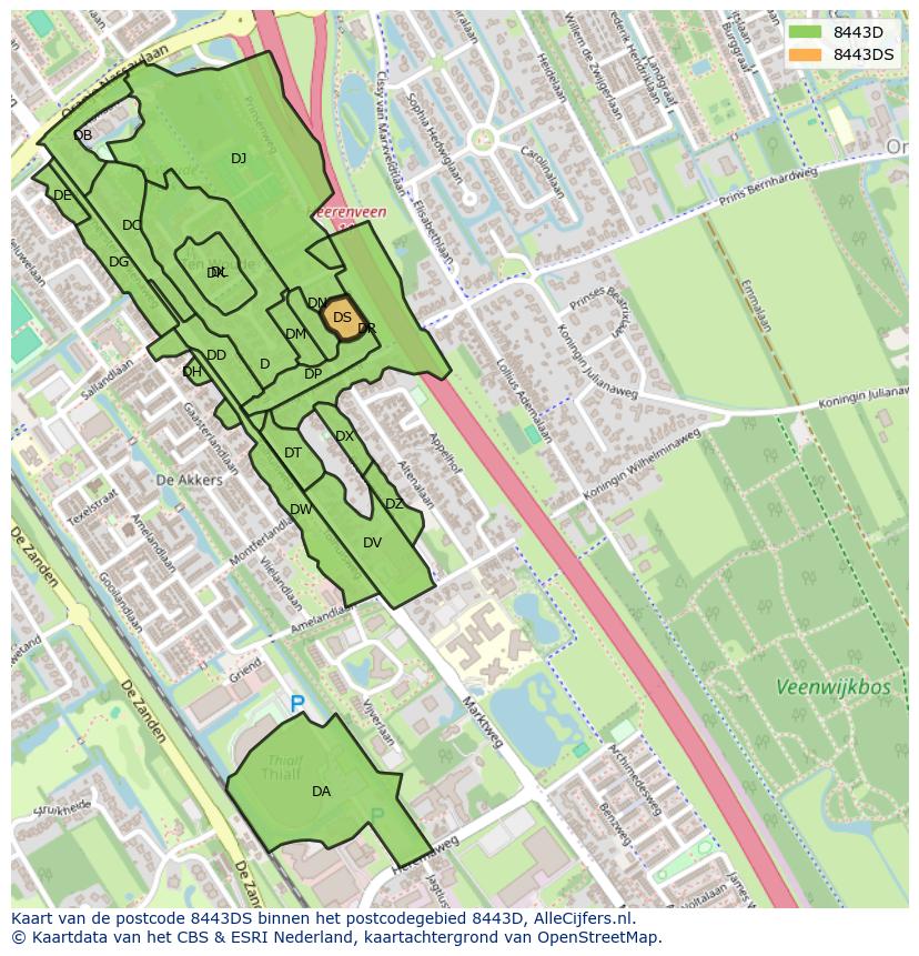 Afbeelding van het postcodegebied 8443 DS op de kaart.