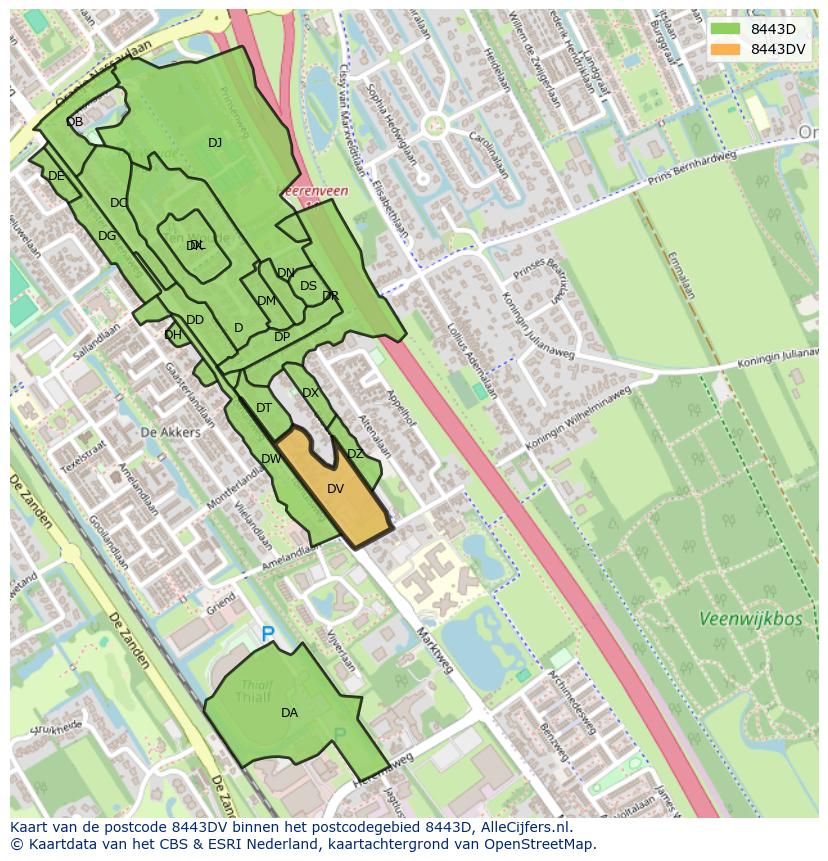 Afbeelding van het postcodegebied 8443 DV op de kaart.