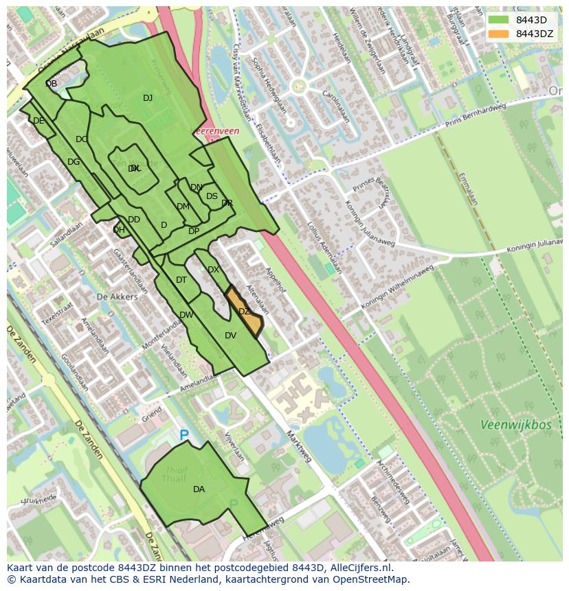 Afbeelding van het postcodegebied 8443 DZ op de kaart.