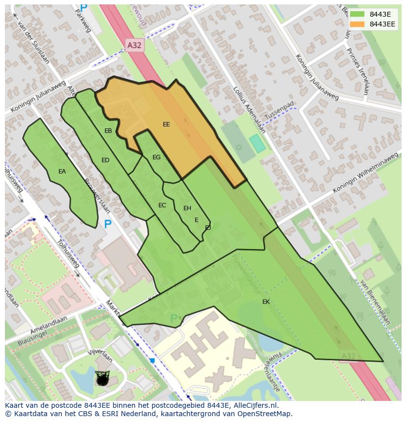 Afbeelding van het postcodegebied 8443 EE op de kaart.