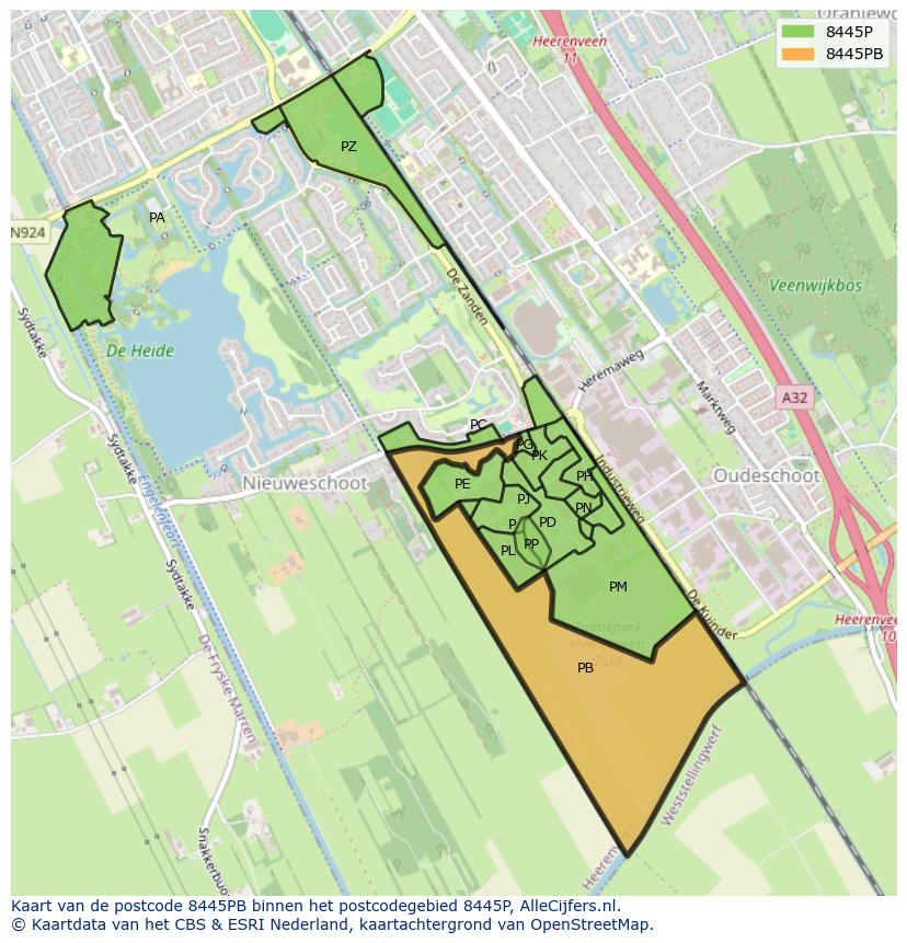 Afbeelding van het postcodegebied 8445 PB op de kaart.