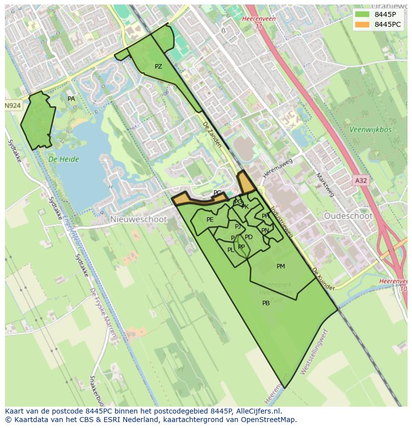 Afbeelding van het postcodegebied 8445 PC op de kaart.