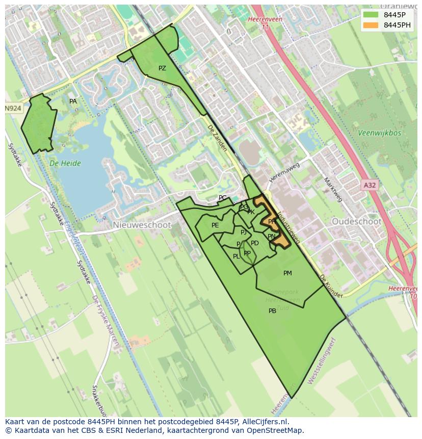 Afbeelding van het postcodegebied 8445 PH op de kaart.