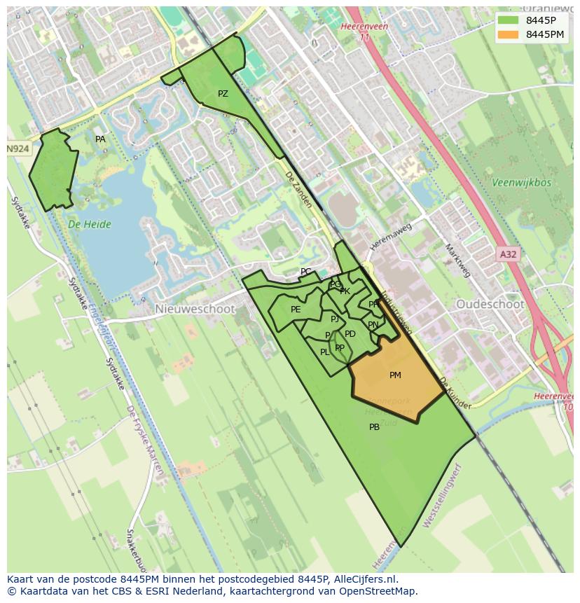 Afbeelding van het postcodegebied 8445 PM op de kaart.