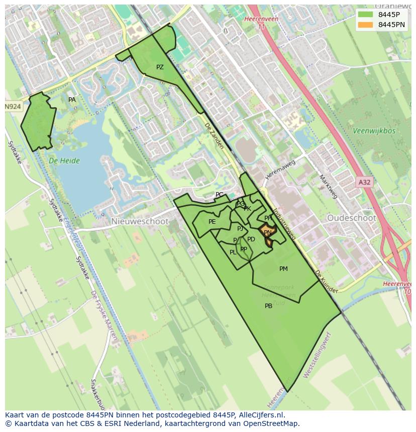 Afbeelding van het postcodegebied 8445 PN op de kaart.