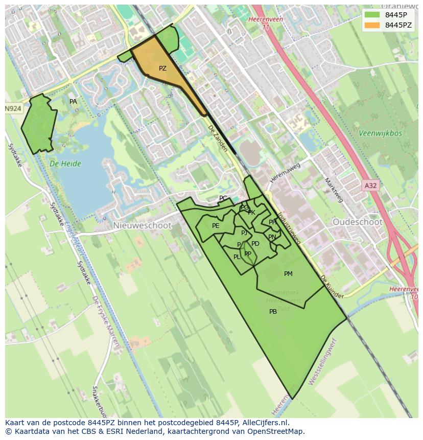 Afbeelding van het postcodegebied 8445 PZ op de kaart.