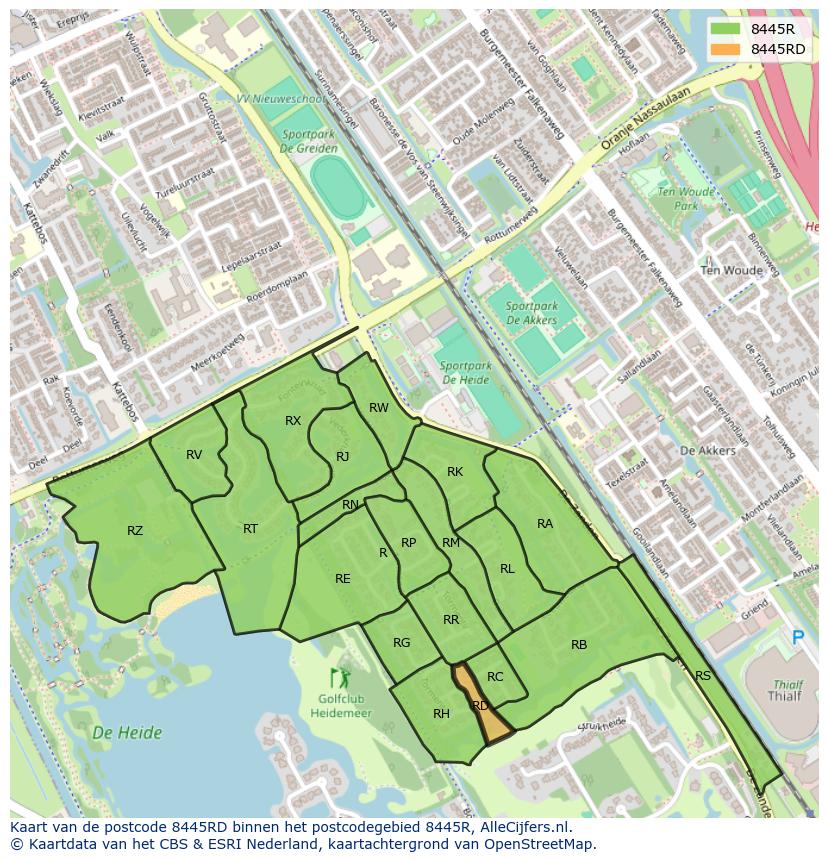Afbeelding van het postcodegebied 8445 RD op de kaart.
