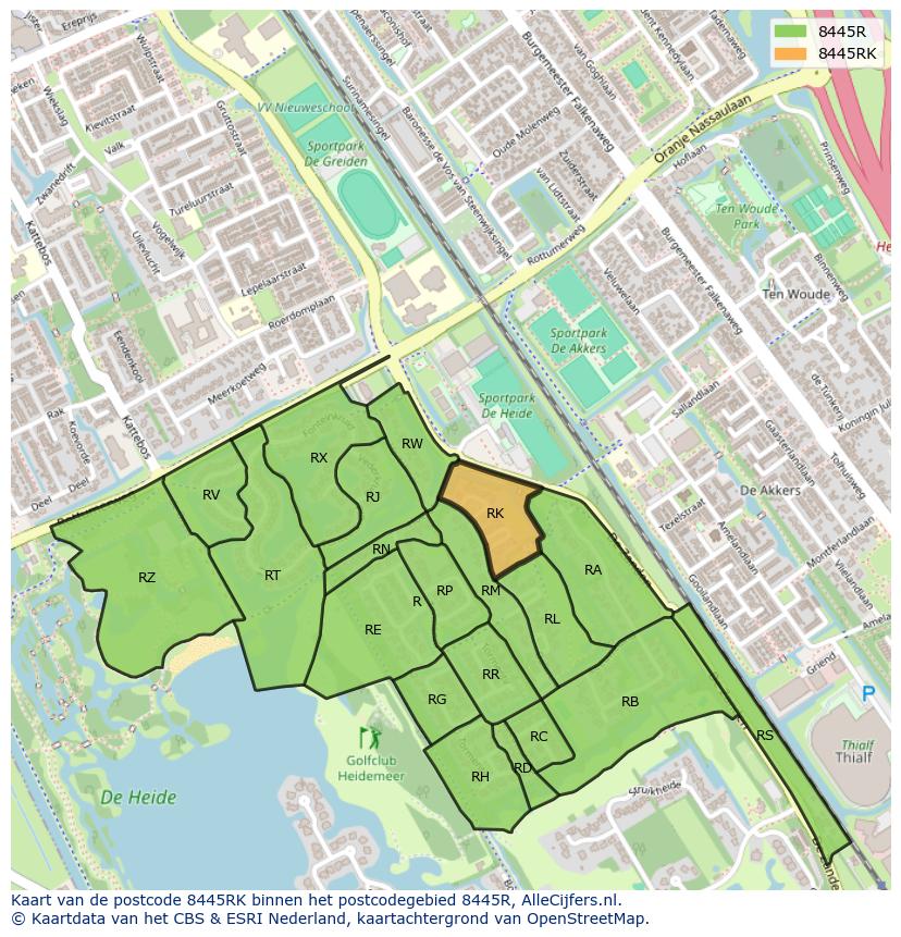 Afbeelding van het postcodegebied 8445 RK op de kaart.