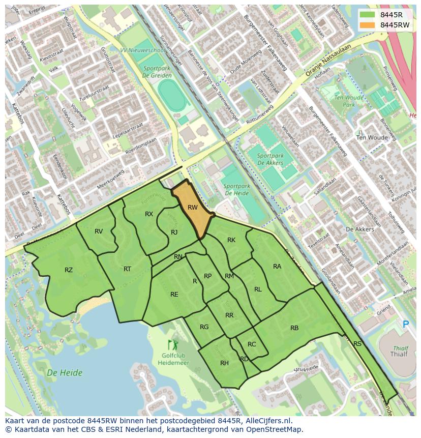 Afbeelding van het postcodegebied 8445 RW op de kaart.
