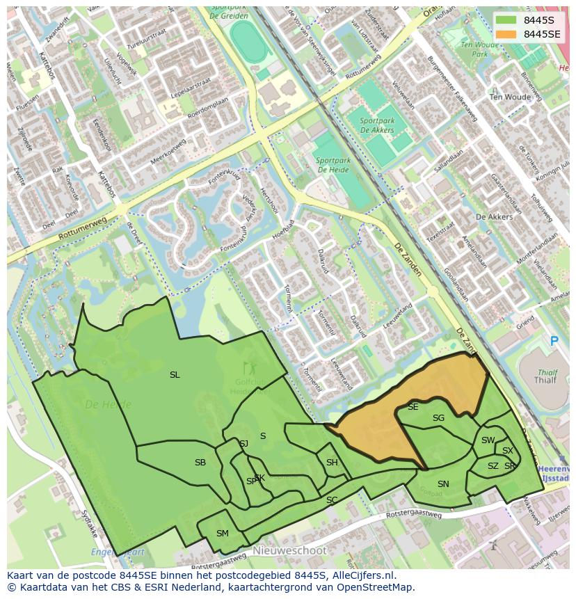 Afbeelding van het postcodegebied 8445 SE op de kaart.