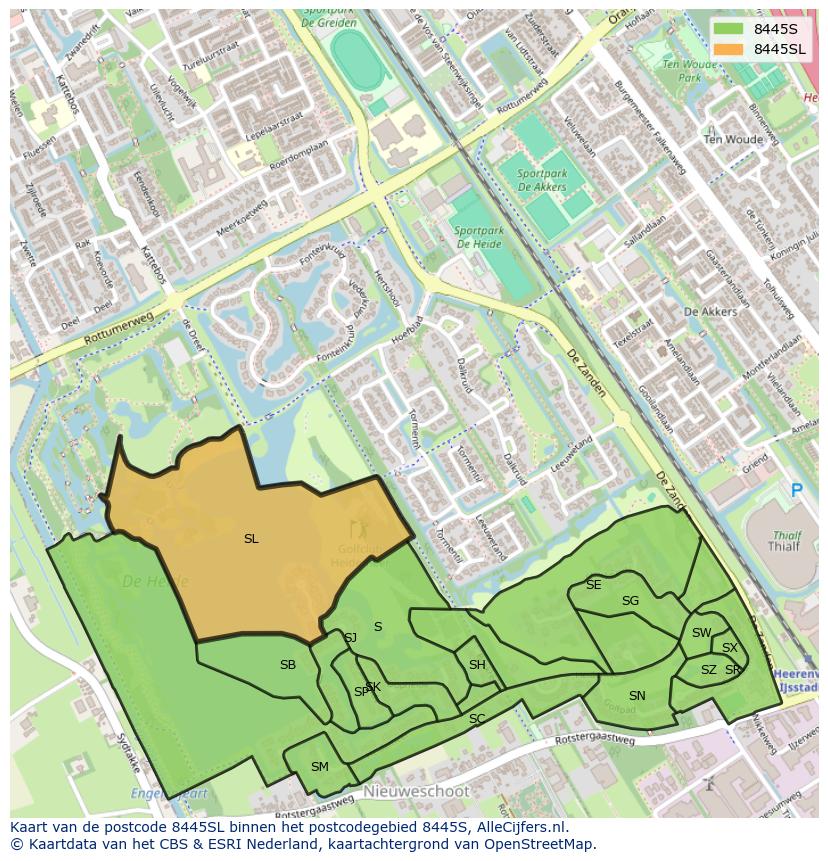 Afbeelding van het postcodegebied 8445 SL op de kaart.