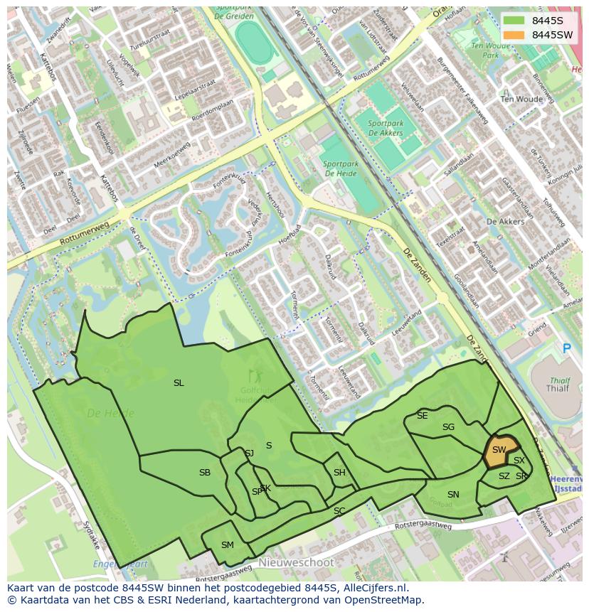 Afbeelding van het postcodegebied 8445 SW op de kaart.
