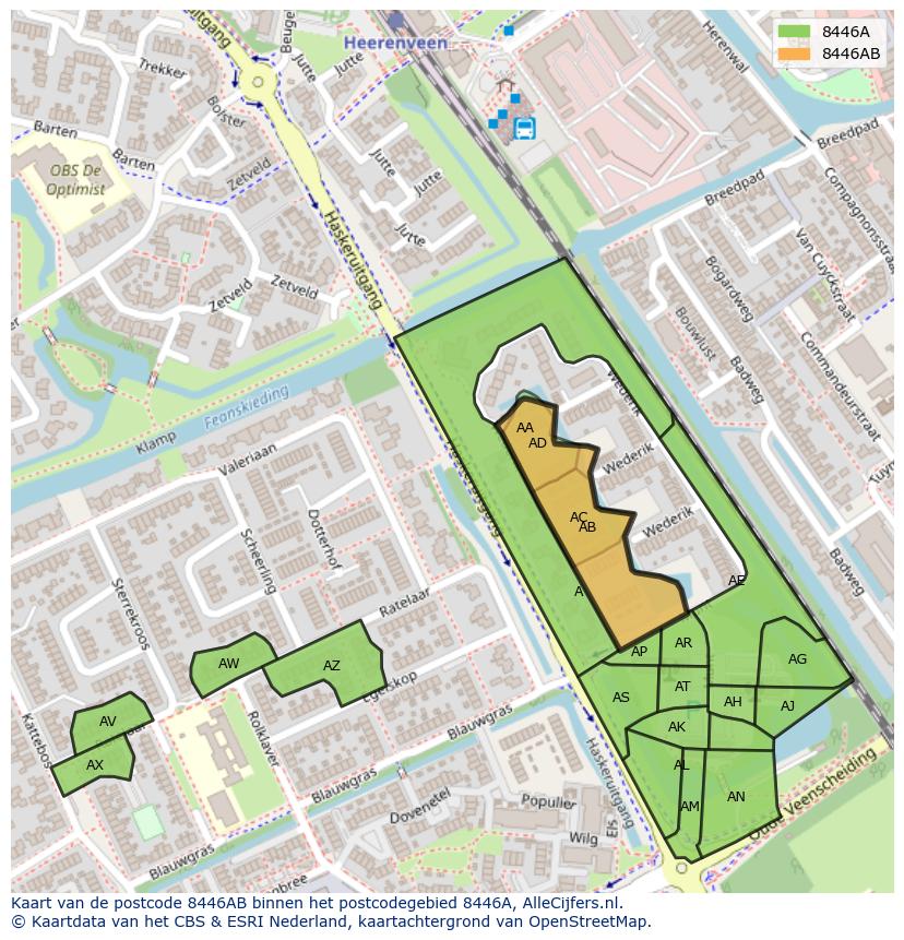 Afbeelding van het postcodegebied 8446 AB op de kaart.