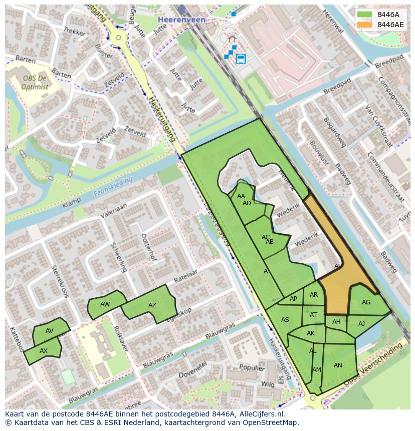 Afbeelding van het postcodegebied 8446 AE op de kaart.