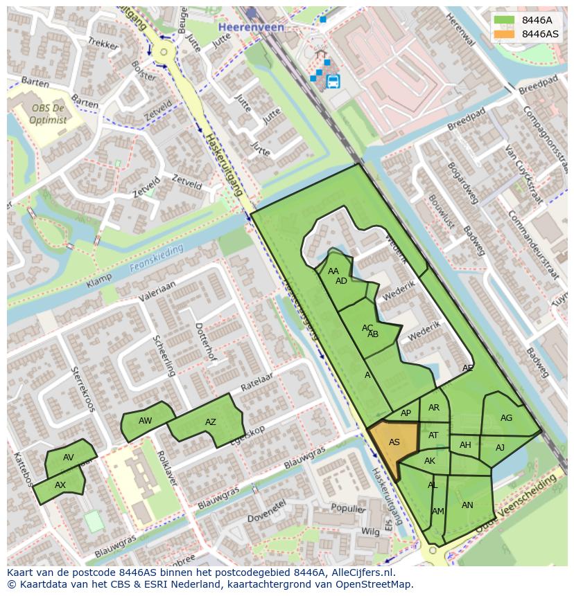 Afbeelding van het postcodegebied 8446 AS op de kaart.